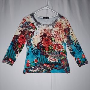 Pierri New York Top Medium Y2K Graphic Sequin Stretch Multicolor Elbow Knit VTG